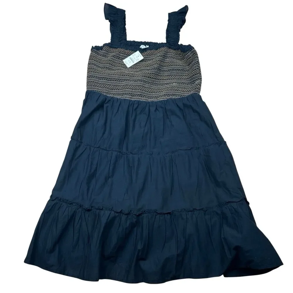J.Crew Smocked Tiered Dress Women’s Medium Black Cotton Ruffle Straps NWT - Picture 1 of 11